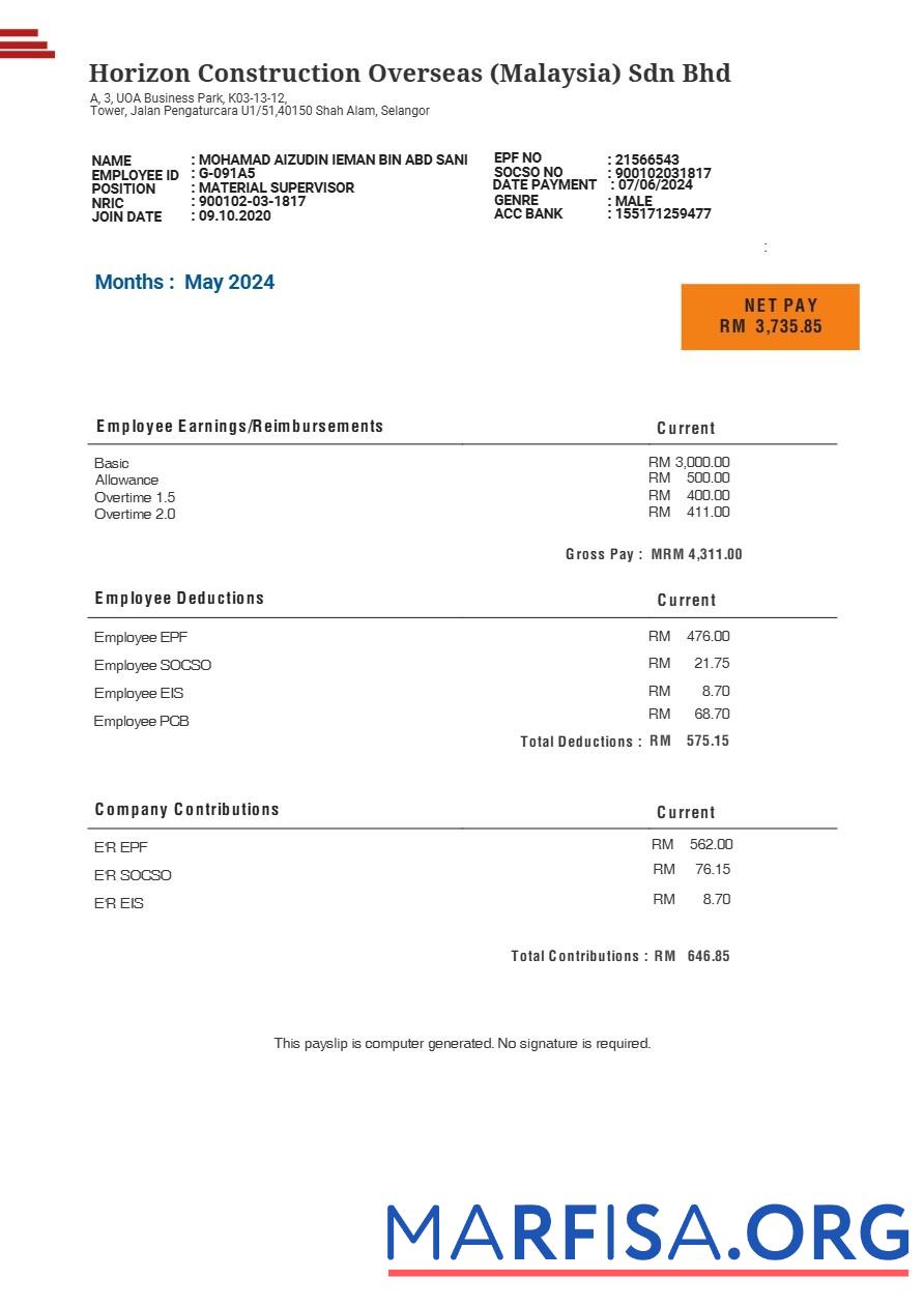 Realistic Malaysia Horizon Construction Overseas payslip download for verification